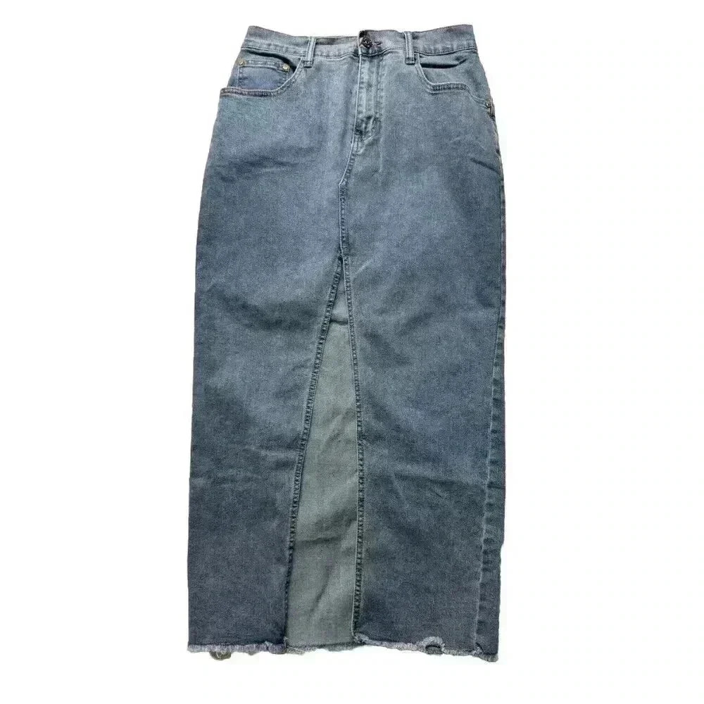 Sincerely Jules Denim jeans Maxi Skirt Frayed Front Split Slit Size‎ 9/28